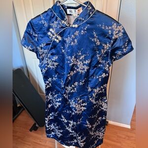 Royal Blue Satin Chinese Cheongsam Dress with Floral Embroidery and Frog Buttons